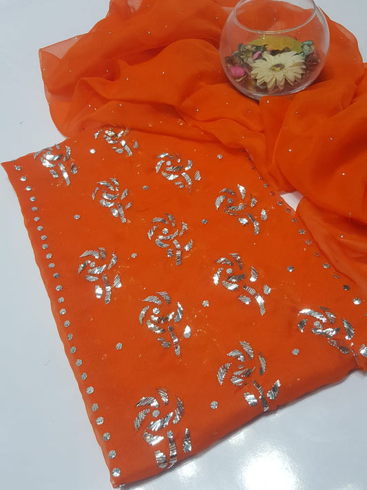 Orange colour Mukesh Gulab Handmade Work Suits