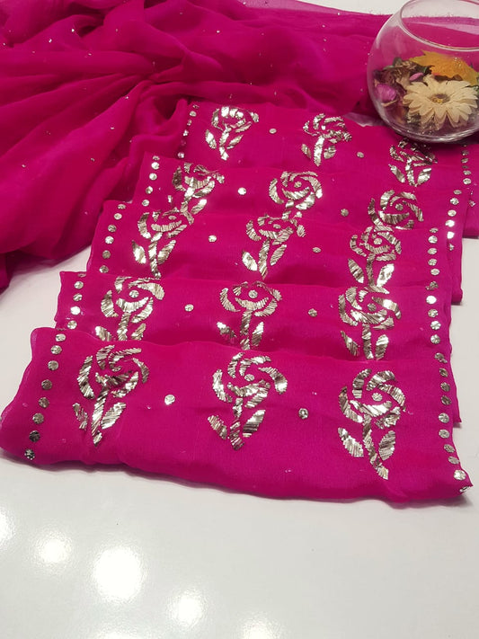 Hot pink colour Mukesh Gulab Handmade Work Suits