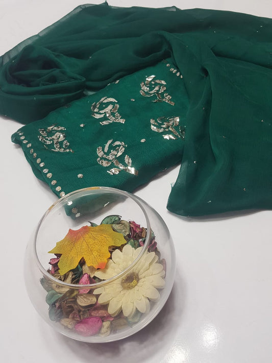 Green colour Mukesh Gulab Handmade Work Suits
