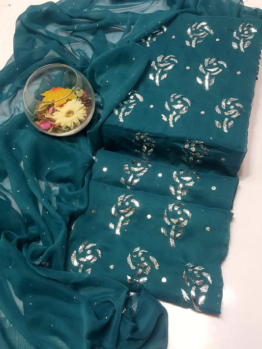 Dark Greenish Blue colour Mukesh Gulab Handmade Work Suits