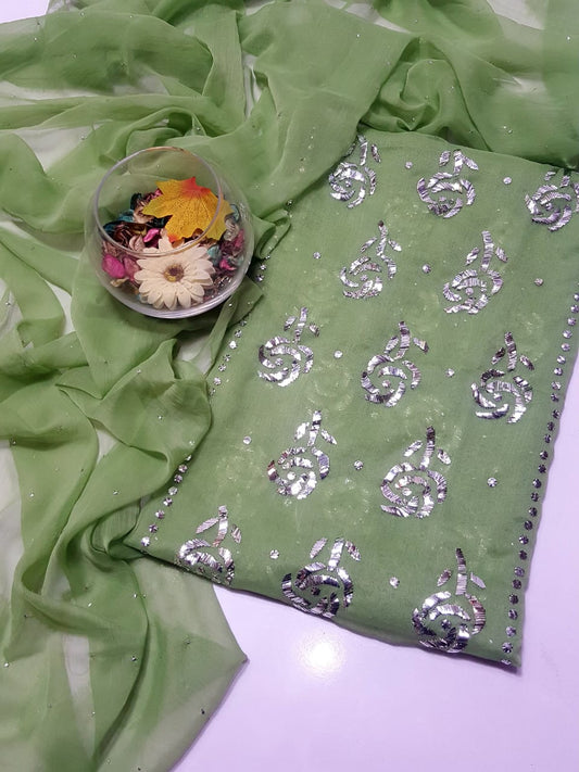 Pista Green colour Mukesh Gulab Handmade Work Suits