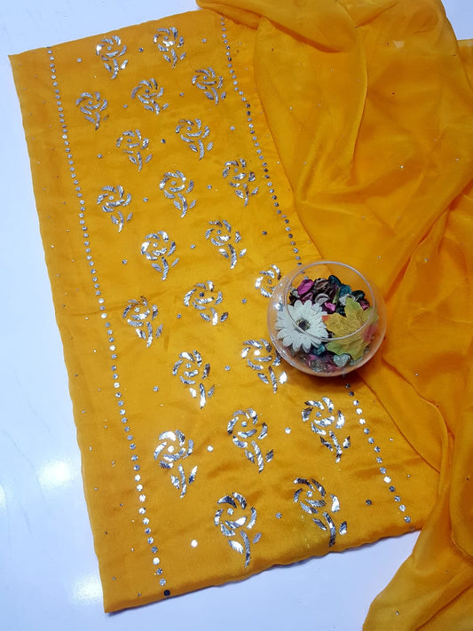 Turmeric yellow  colour Mukesh Gulab Handmade Work Suits