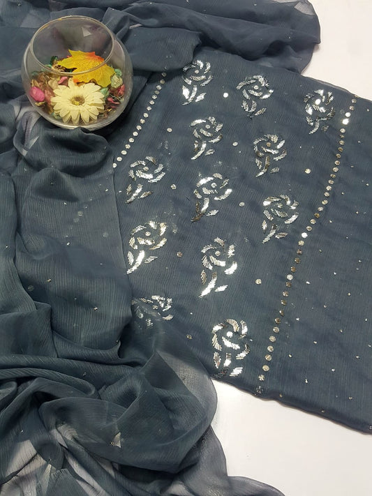 Grey  colour Mukesh Gulab Handmade Work Suits
