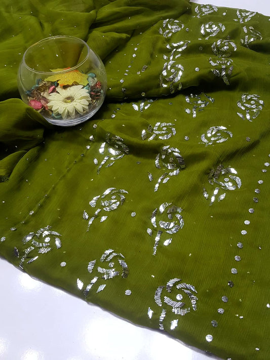 Olive Green colour Mukesh Gulab Handmade Work Suits