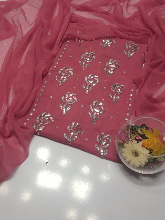 Pink colour Mukesh Gulab Handmade Work Suits