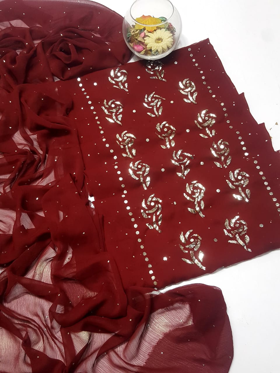 Maroon colour Mukesh Gulab Handmade Work Suits
